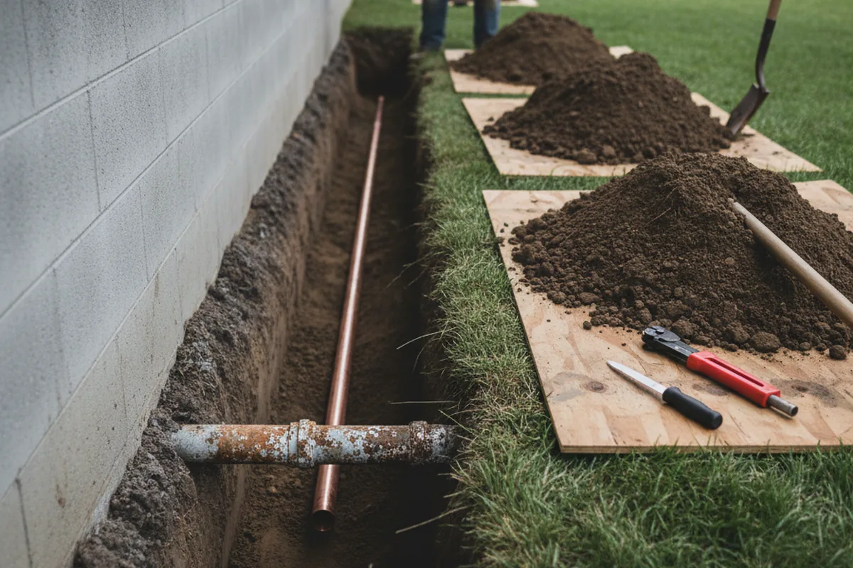 Excavated water line trench during Water Softener Installation in Springville